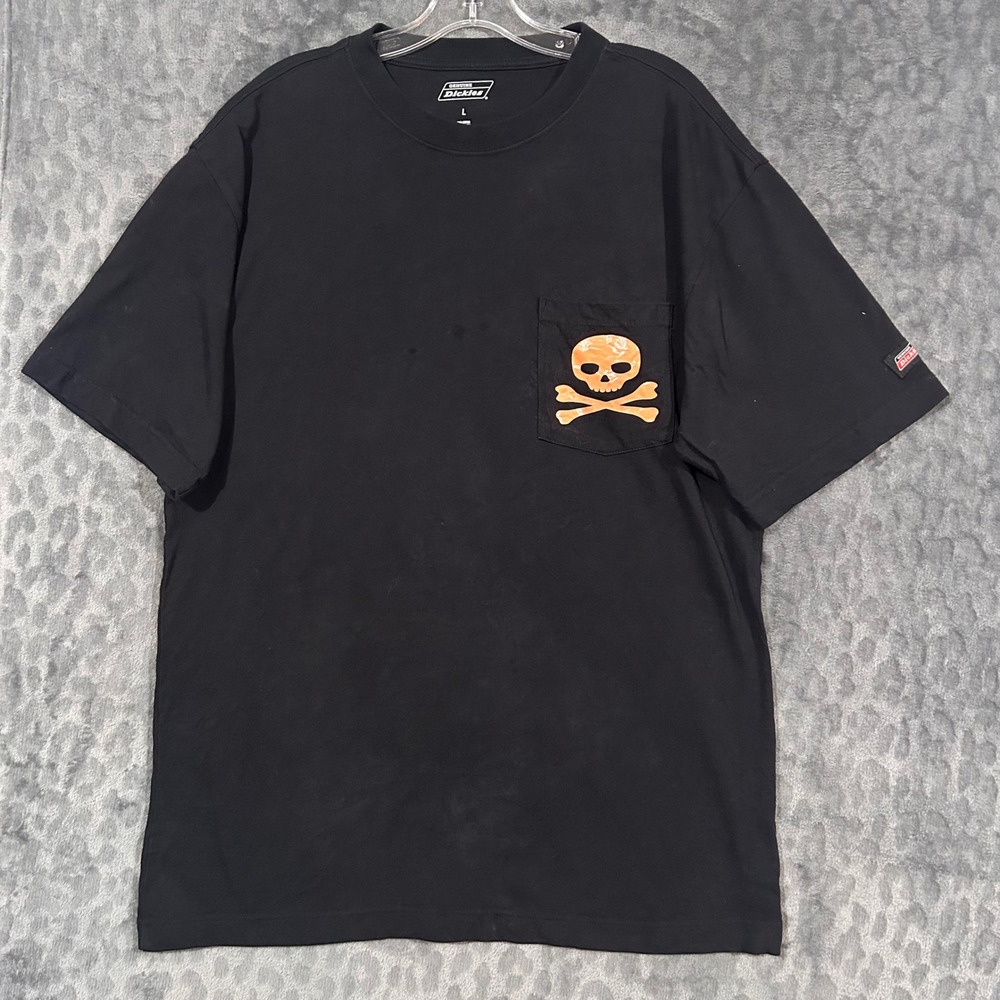 Dickies Mens Skull Crossbones Pocket T-Shirt Black Orange Graphic Tee Relaxed L